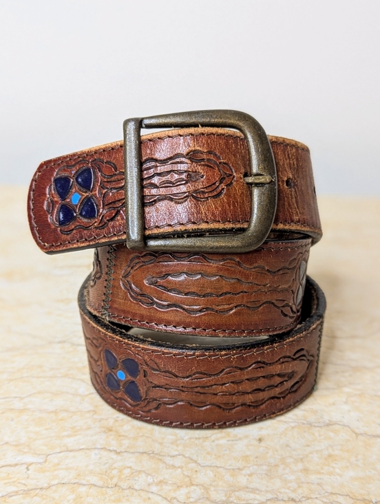Vintage Accessories - Vintage Leather Hand Stained Tooled Rugged Distressed Blue Floral Belt Womens 30